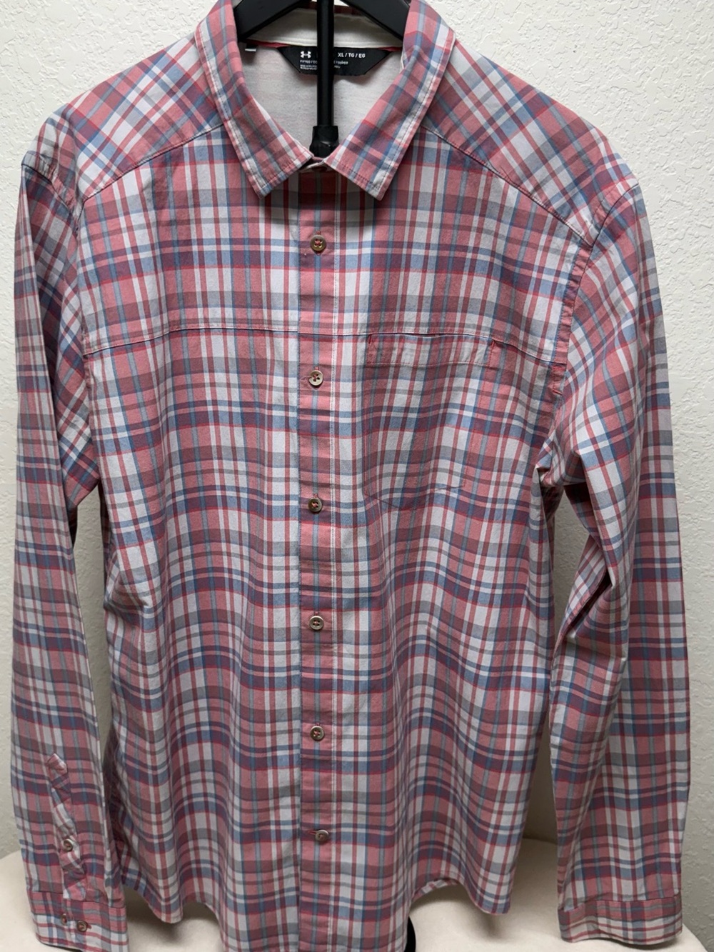 Under Armour Men’s Pink and Blue Plaid Button-Down Shirt